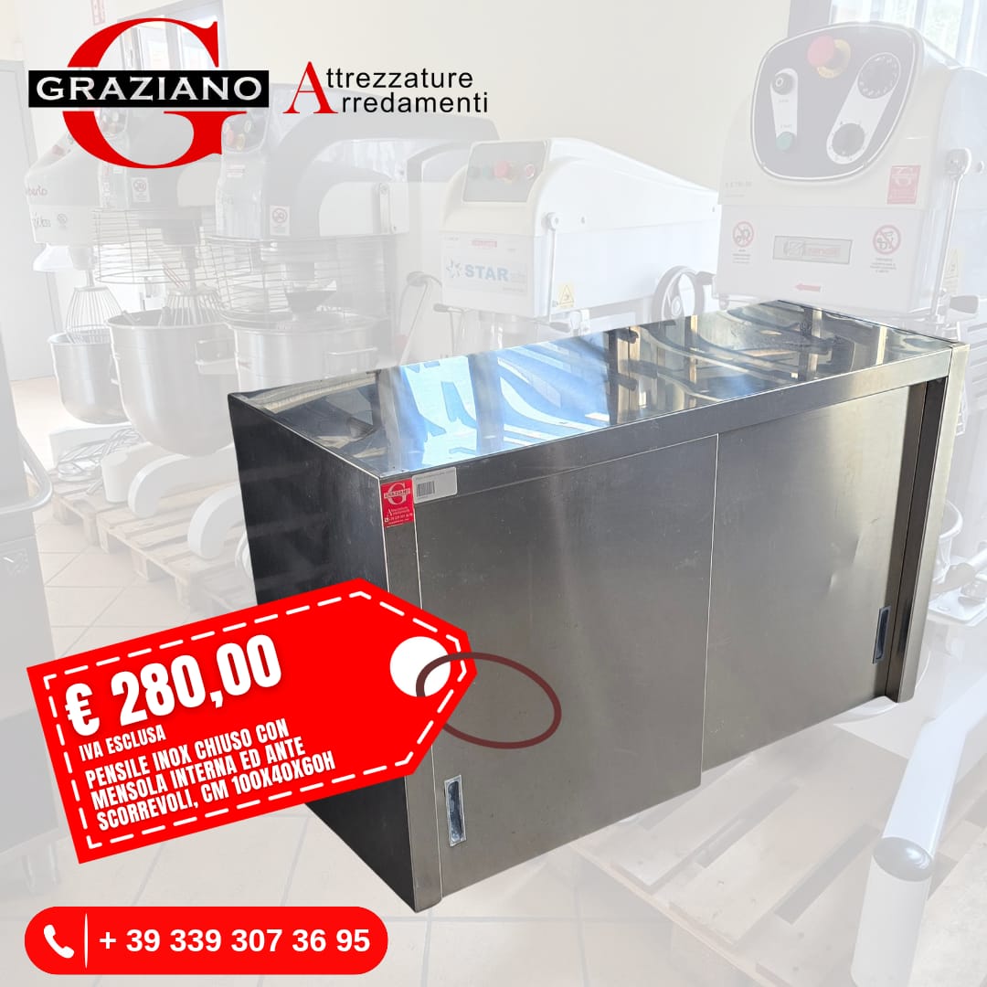 PENSILE INOX CHIUSO con ante scorrevoli e ripiano interno cm 100x40x60h