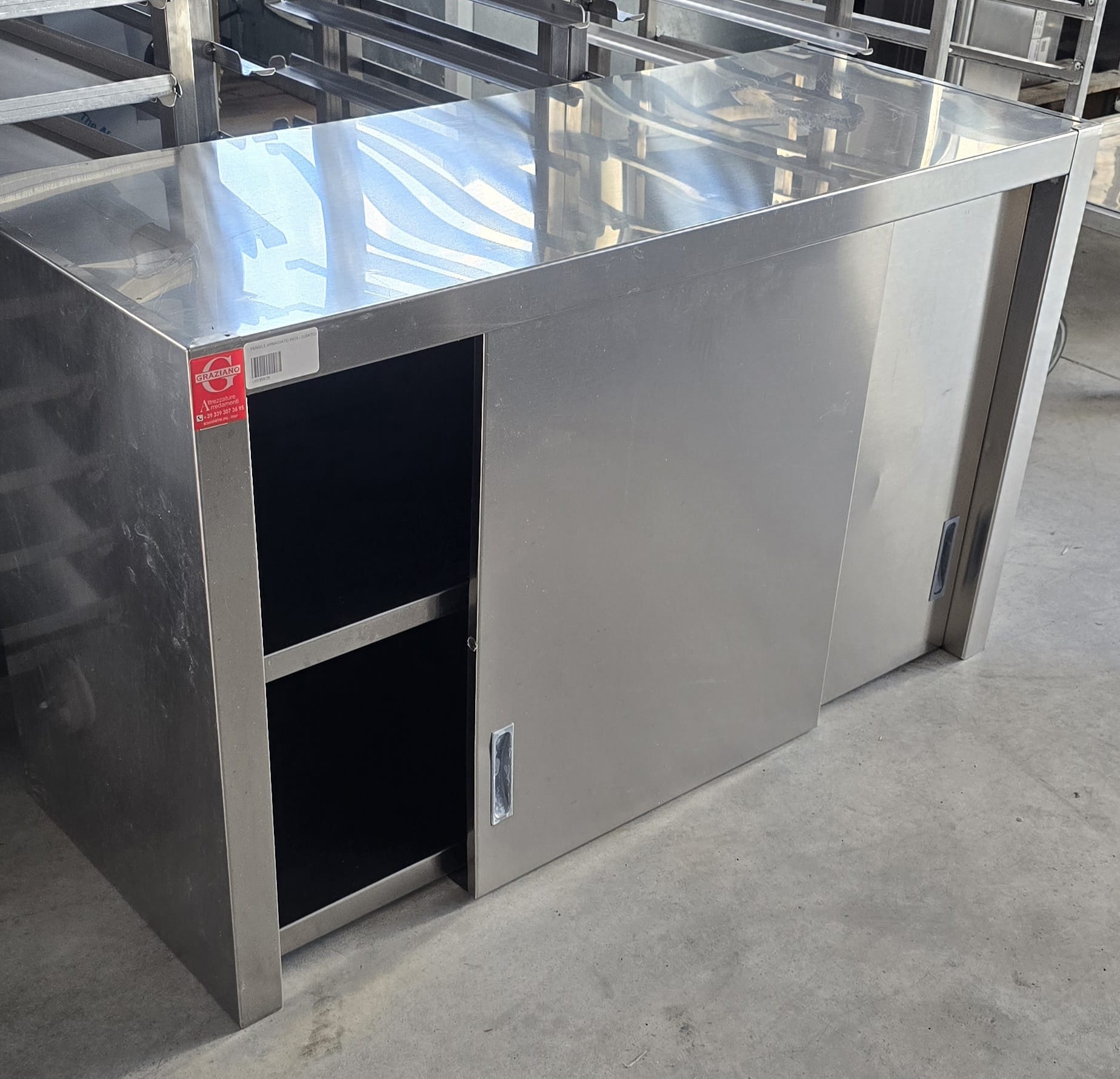 PENSILE INOX CHIUSO con ante scorrevoli e ripiano interno cm 100x40x60h - immagine 2