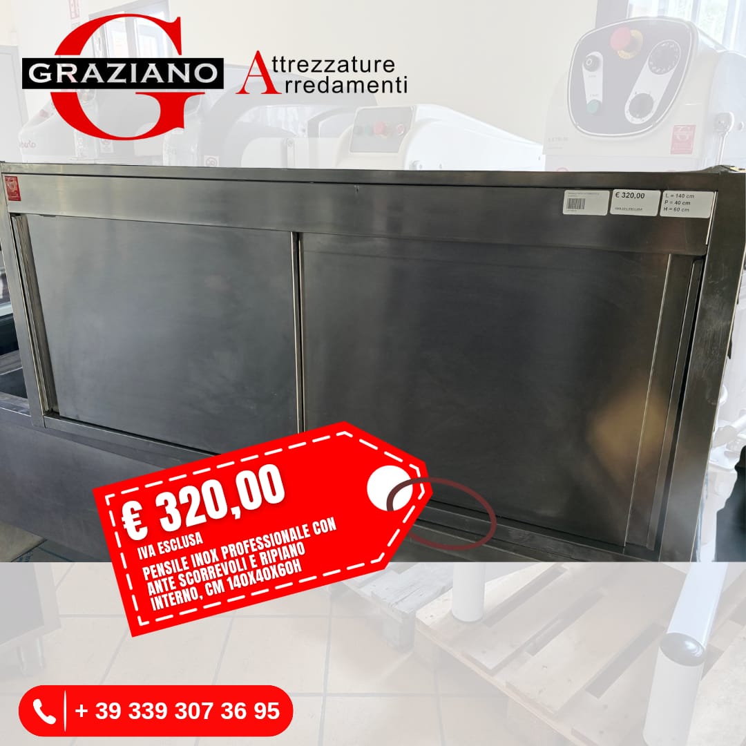 PENSILE INOX CHIUSO con ante scorrevoli e ripiano interno cm 140x40x60h