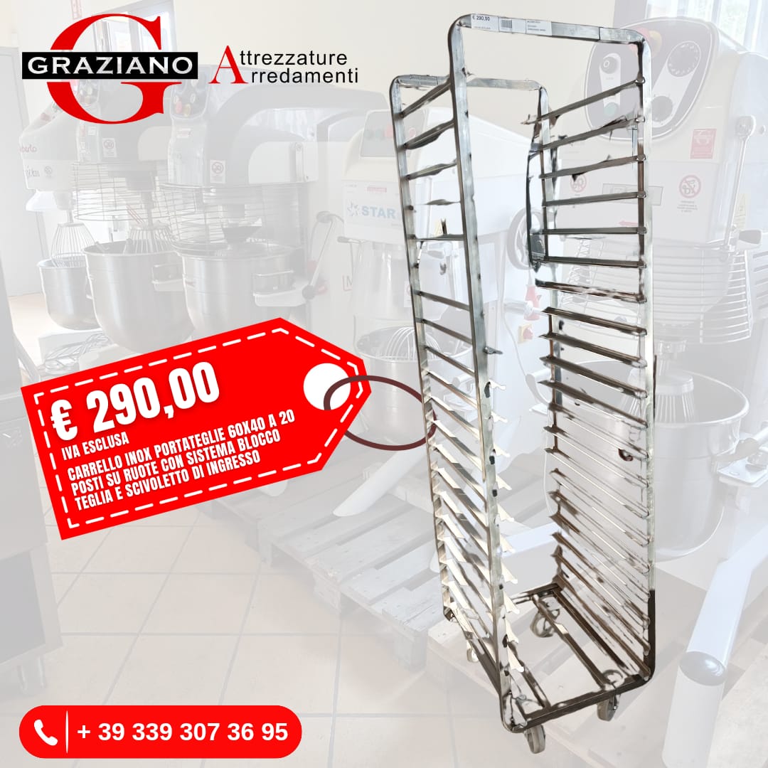 CARRELLO INOX PORTATEGLIE 20 POSTI per teglie 60x40 su ruote