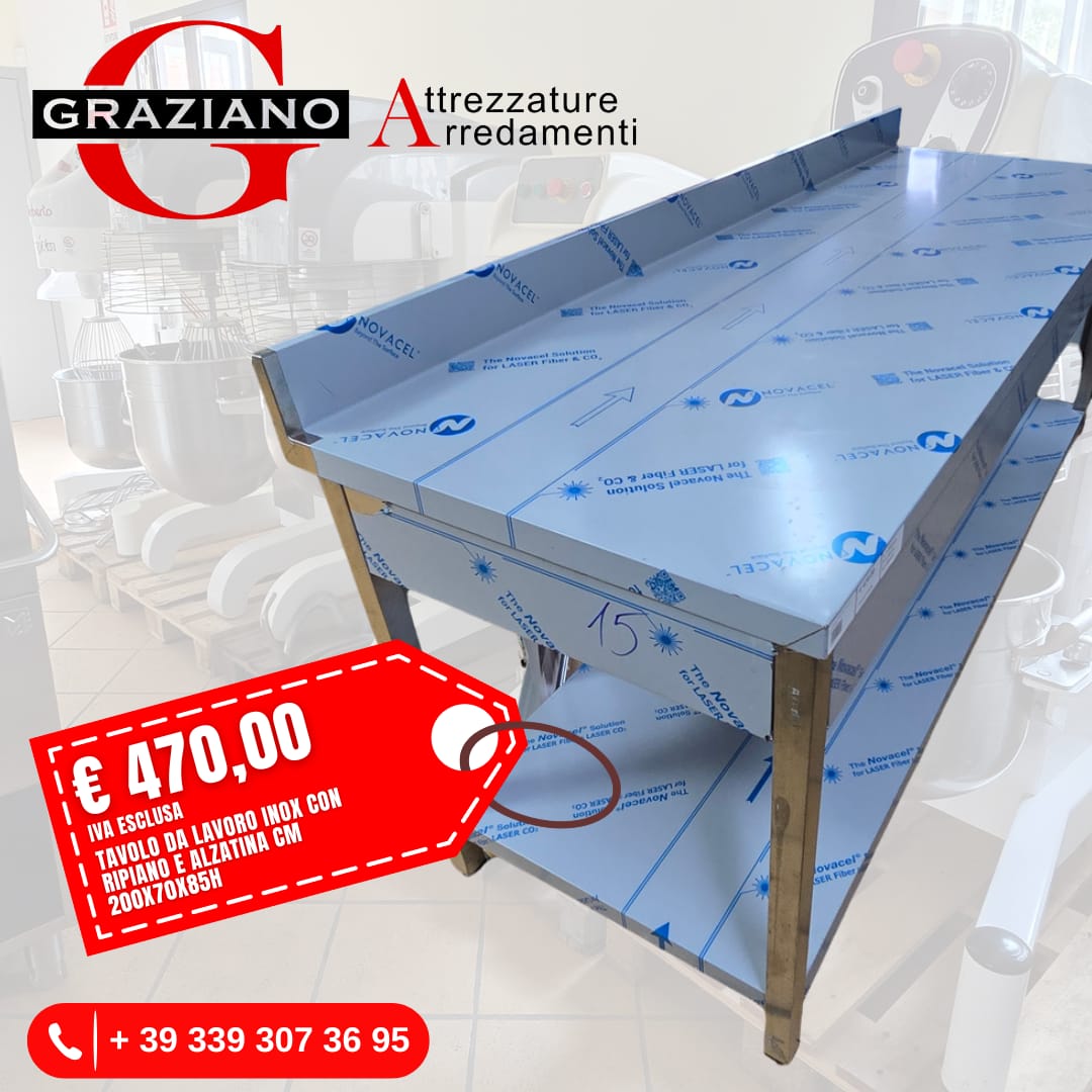 TAVOLO INOX con ripiano e alzatina cm 200x70x85h