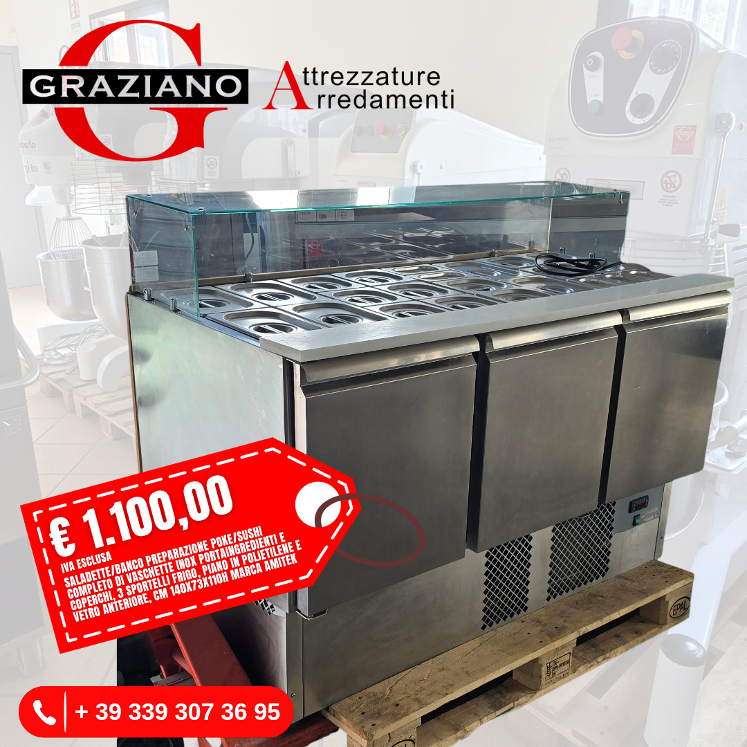SALADETTE BANCO POKE/SUSHI REFRIGERATO cm 140x73x110h marca AMITEK