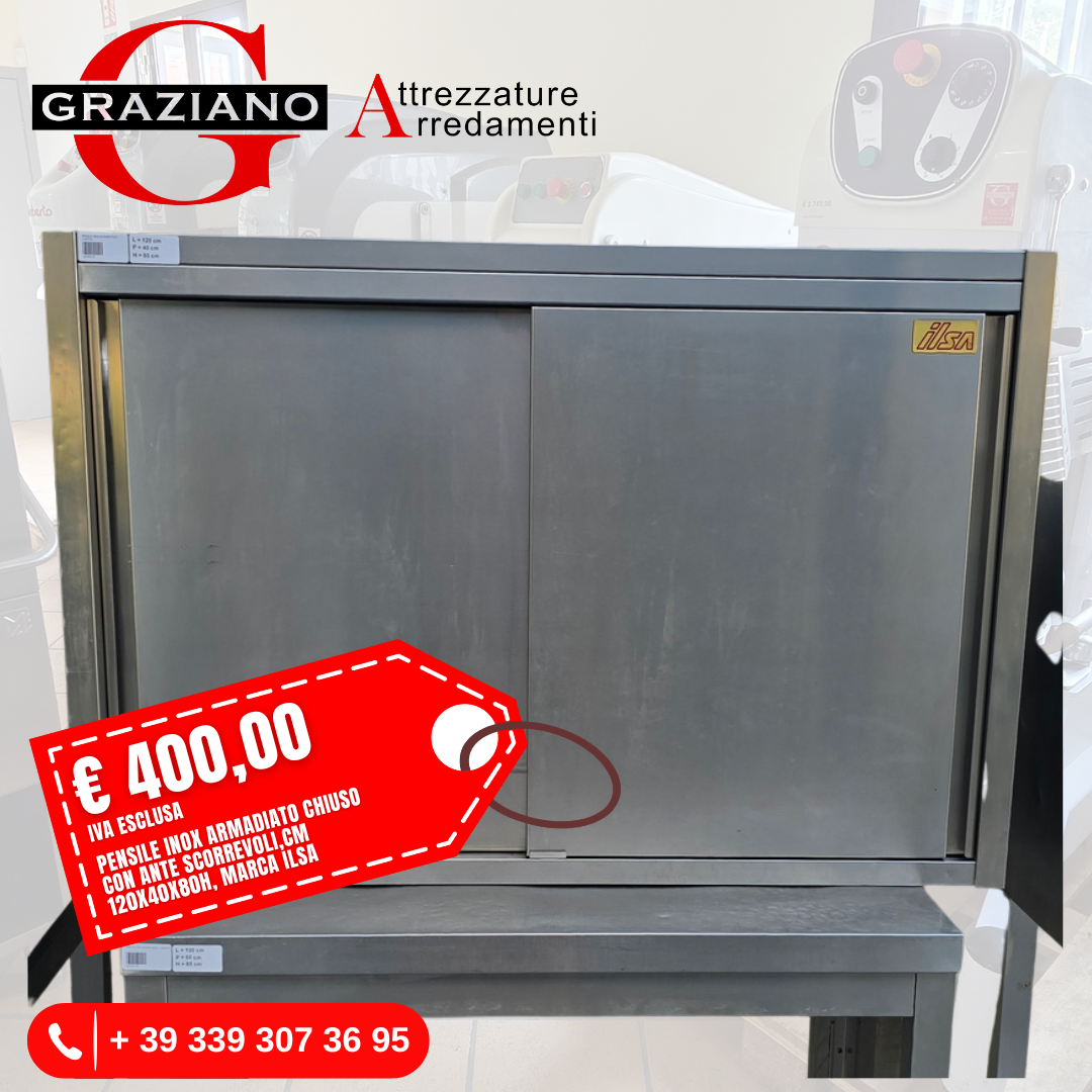PENSILE INOX CHIUSO con ante scorrevoli e ripiano interno cm 120x40x80h marca ILSA