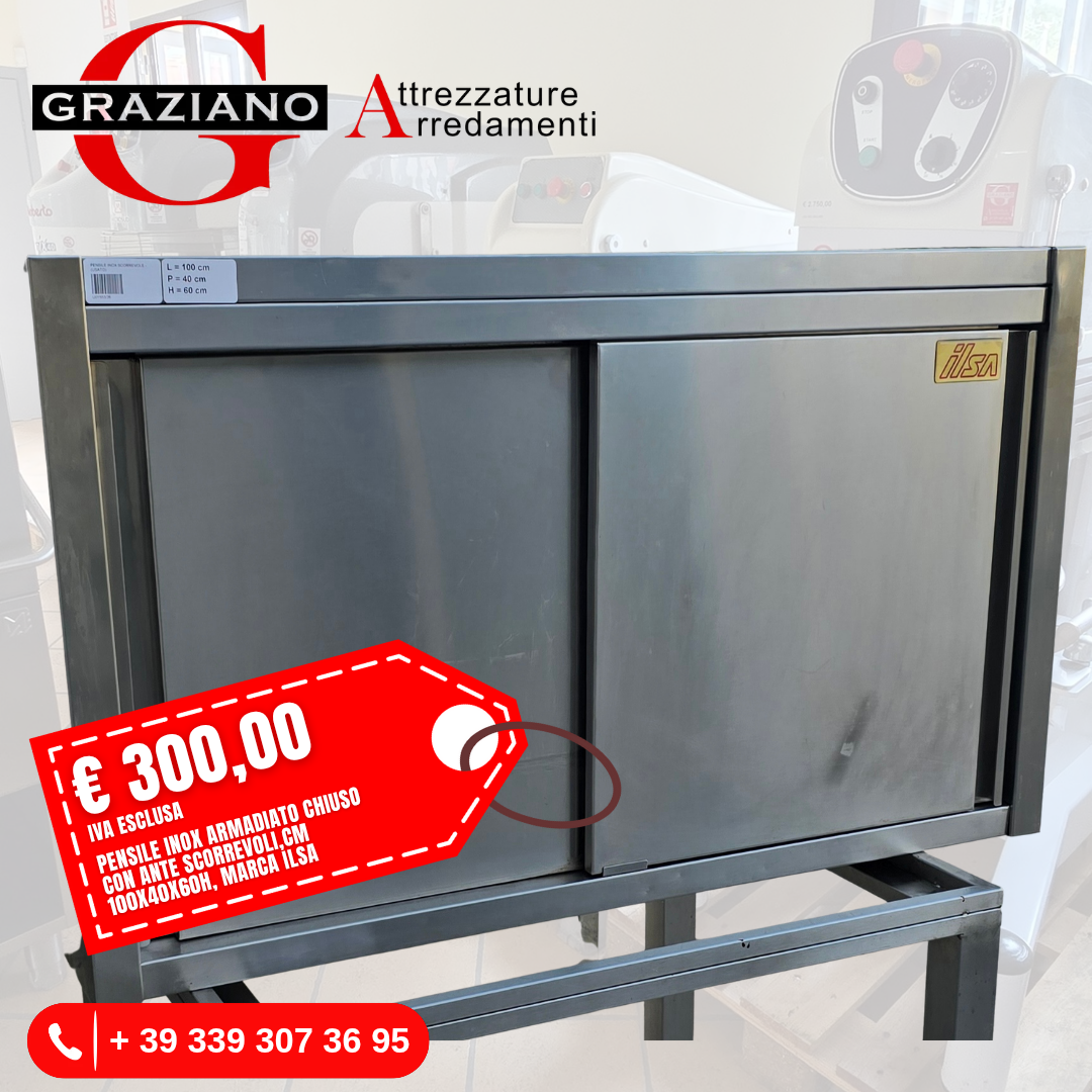 PENSILE INOX CHIUSO con ante scorrevoli e ripiano interno cm 100x40x60h marca ILSA